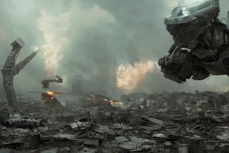 Image similar to VFX movie of a futuristic alien robot mercenary in decimated city firing big gun, natural lighting by Emmanuel Lubezki