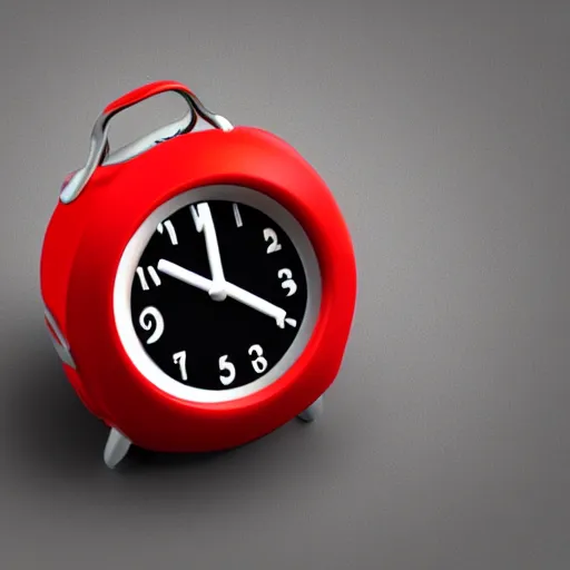 Image similar to Very tiny red alarm clock that looks like the iOS emoji and has the same colors, 3D clay render, 4k UHD, white background, isometric top down left view, diffuse lighting, zoomed out very far