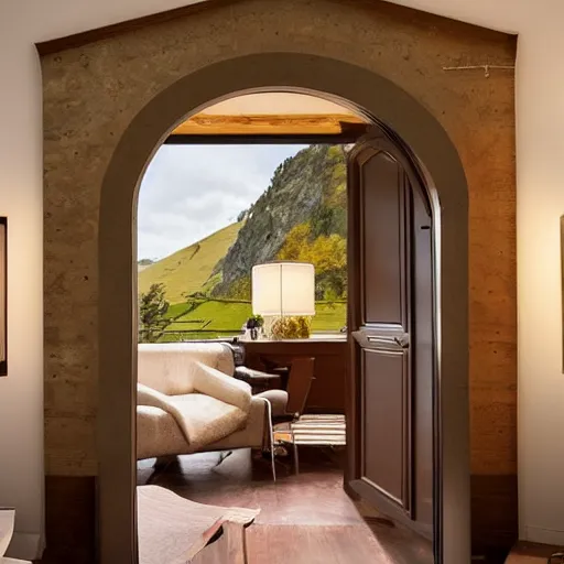 Image similar to a portal inside a living room, the portal leads directly to switzerland