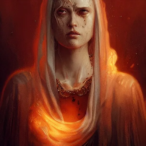 Prompt: portrait of a woman, sad, cry, gloomy, blood, fire, intricate, elegant, highly detailed, digital painting, artstation, concept art, matte, sharp focus, illustration, octane render, unreal engine, art by aenaluck and roberto ferri and greg rutkowski, epic fantasy, digital painting