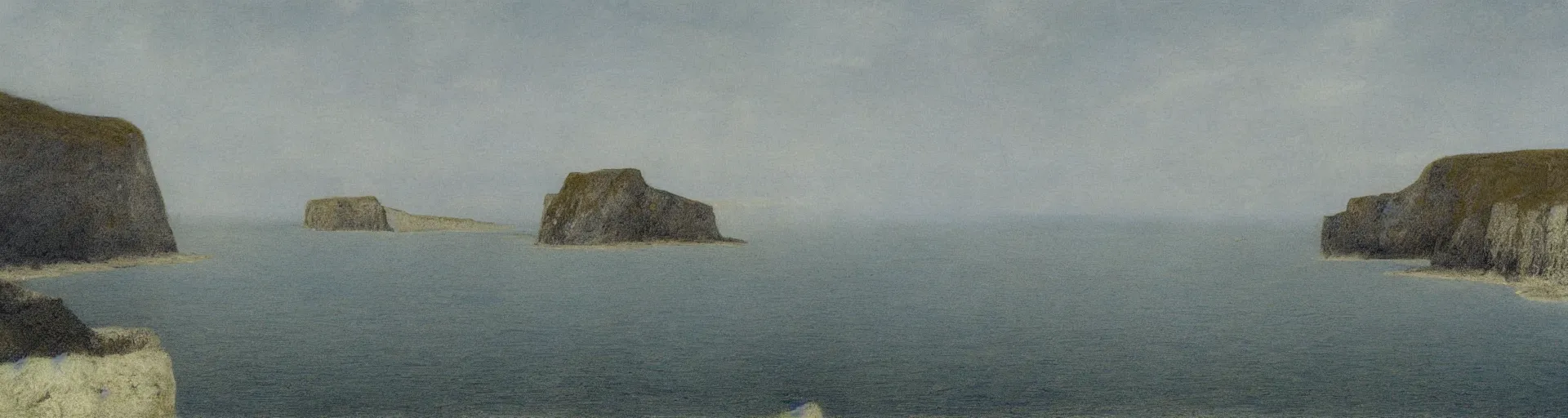 Prompt: black cliffs over water by Fernand Khnopff, matte painting