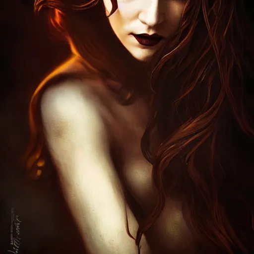 Prompt: portrait brunette vampire, Captivating, regal, high society, New Tales of the Vampires character, atmospheric lighting, painted, menacing, intricate, volumetric lighting, beautiful, rich deep colours masterpiece, golden hour, sharp focus, ultra detailed, by Leesha Hannigan, Ross Tran, Thierry Doizon, Kai Carpenter, Ignacio Fernández Ríos