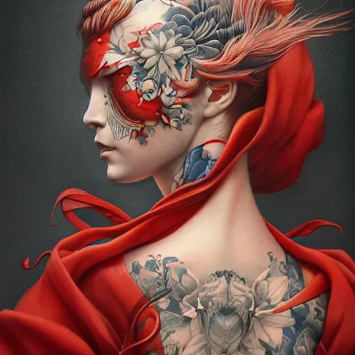 Image similar to ultra realistic illustration, beautifulwoman dressed in red kimono, backview, tattoos, in the style of peter mohrbacher by weta digital and beth cavener, high face symmetry, intricate, masterpiece, award winning, high face symmetry, intricate