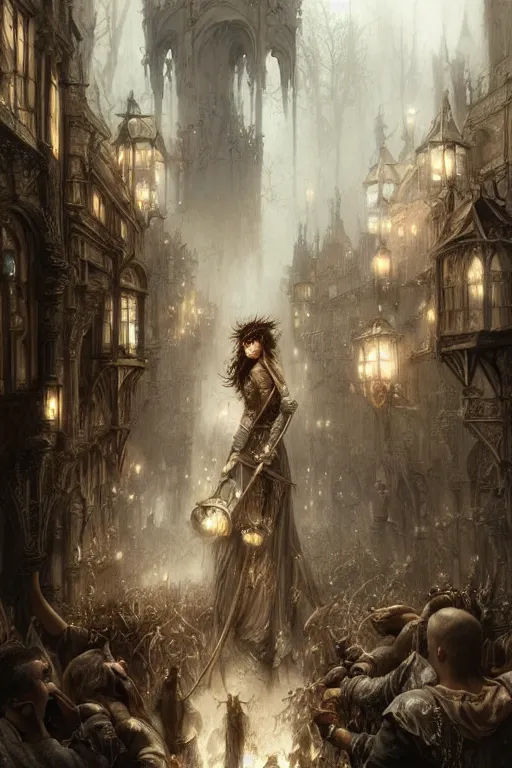 Image similar to medieval parade, holiday, by wlop, by luis royo, by peter mohrbacher, concept art, digital illustration, intricate, masterpiece, elegant, super detailed, unreal engine rendering, smooth, sharp focus, artstation hq