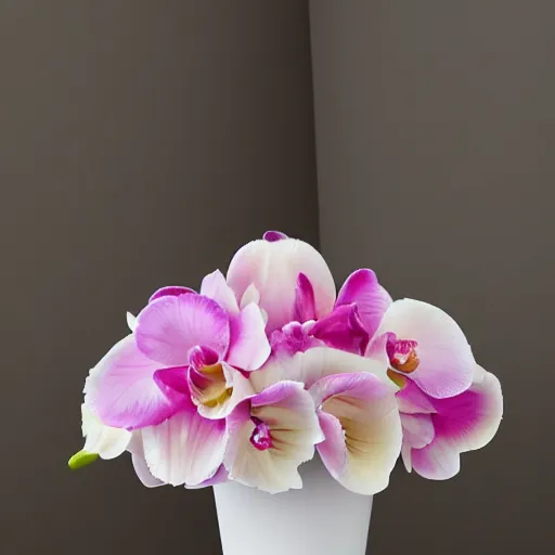 Image similar to genetically modified blend of rose lily carnation orchid ranunculus anenome, floral arrangement in futuristic!! vase made of mother of pearl, architectural digest, year 2 3 0 0