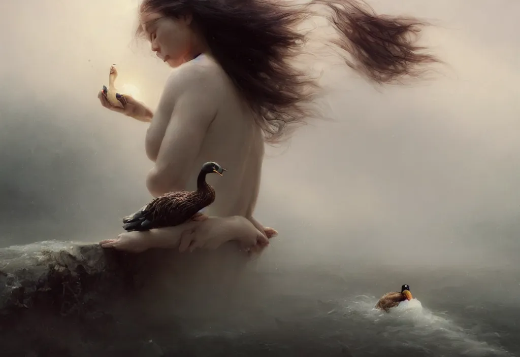 Image similar to epic portrait an woman holding a duck, wet flowing hair, sweaty skin, broad light, ambient occlusion, volumetric light effect, made by ivan aivazovsky, peter mohrbacher, greg rutkowski, hyperrealistic, hyperdetailed, matte painting, trending on artstation, 8 k, perfectly defined features, digital painting,