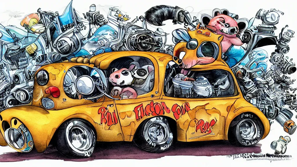 Image similar to cute and funny, racoon riding in a tiny hot rod coupe with oversized engine, ratfink style by ed roth, centered award winning watercolor pen illustration, by james nyika, edited by range murata