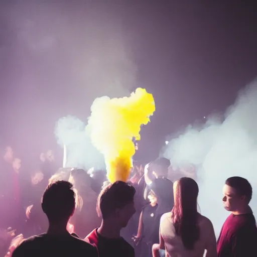 Prompt: yellow smoke surrounding a bunch of young people in a night club, surreal, dreamy