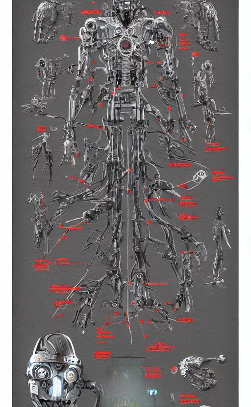 Image similar to anatomy of the terminator, robot, cyborg, t100, bloodborne diagrams, mystical, intricate ornamental tower floral flourishes, rule of thirds, technology meets fantasy, map, infographic, concept art, art station, style of wes anderson