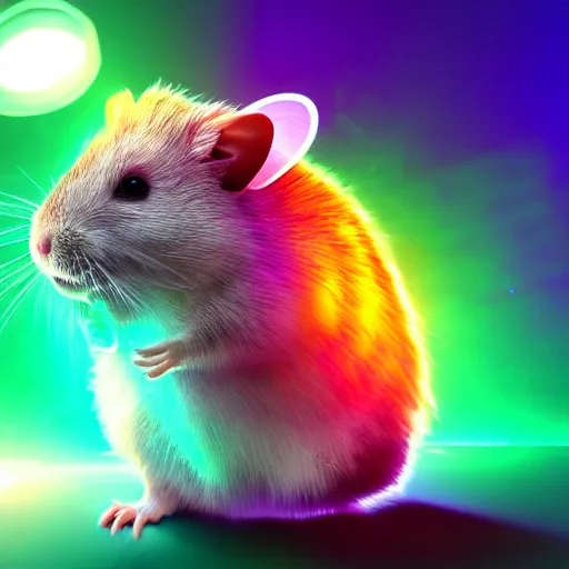 Image similar to cyberpunk hamster! holding rainbow! gem! crystal, neon lights, light reflection, 8 k, hd