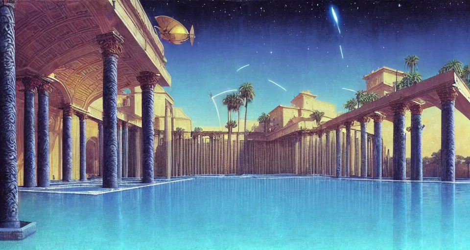 Image similar to a large tiled swimming pool with many palm trees surrounded by roman architecture columns and statues, underneath a star filled night sky, harold newton, zdzislaw beksinski, donato giancola, warm coloured, gigantic pillars and flowers, maschinen krieger, beeple, star trek, star wars, film, atmospheric perspective