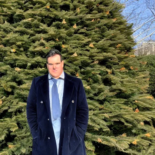 Image similar to Photo of White chubby clean-shaven man wearing a chocolate brown overcoat and necktie is resting under a giant evergreen tree; calm, afternoon, clear sky, windy