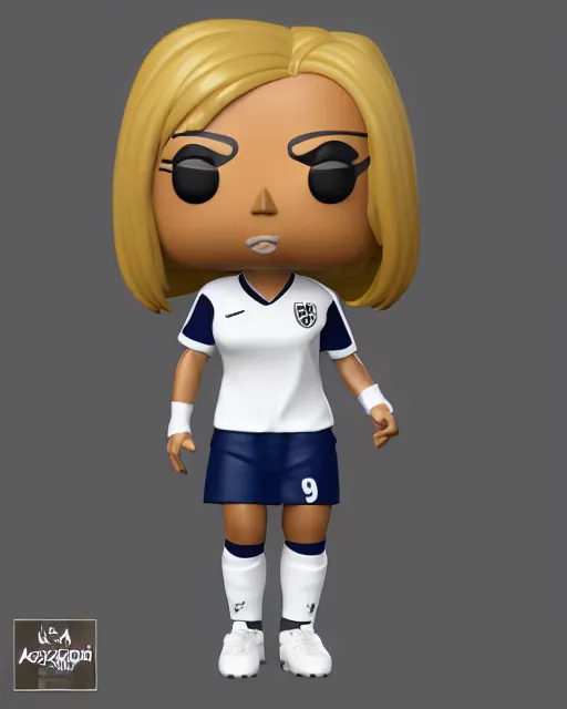 Prompt: full body 3 d render of soccer woman as a funko pop!, blond, studio lighting, white background, single body, no shadow, blender, trending on artstation, 8 k, highly detailed