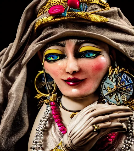 Image similar to close up portrait of a fortune teller automata, Nikon camera, 4k, National Geographic