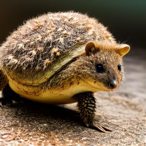 Image similar to quokka turtle hybrid, bold natural colors, national geographic photography, masterpiece, in - frame, canon eos r 3, f / 1. 4, iso 2 0 0, 1 / 1 6 0 s, 8 k, raw, unedited, symmetrical balance