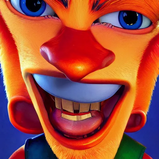 Image similar to upclose portrait of crash bandicoot making a crazy face, painterly style, vivid colors, by norman rockwell, very detailed picture with lots of emotion, trending on artstation, high fidelity, 8 k, has a very realistic look to it, hyper realism