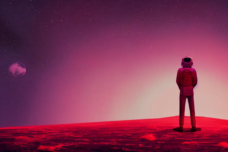 Image similar to a sad human standing on mars in the style of flooko, acrylic art, detailed, moonlight, red lighting, bokeh, synthwave, psychedelic, glitch, neon,