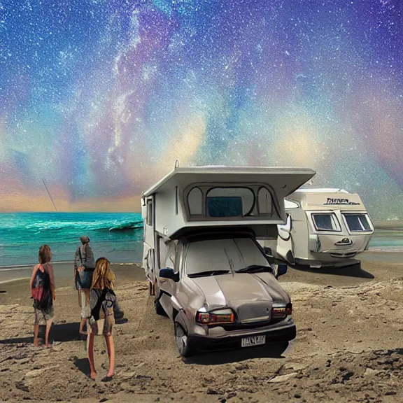 Image similar to Camping with RV by the beach, science fiction matte painting, highly detailed,