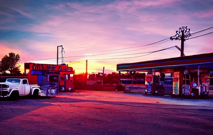 Image similar to a sunset light landscape with historical route 6 6, lots of sparkling details and sun ray ’ s, blinding backlight, smoke, volumetric lighting, colorful, octane, 3 5 mm, abandoned gas station, old rusty pickup - truck, beautiful epic colored reflections, very colorful heavenly, softlight