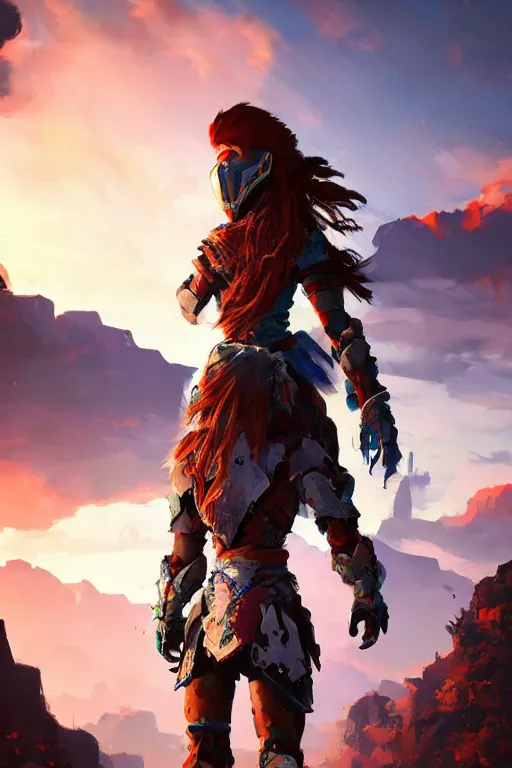 Image similar to combination suit armor aloy horizon forbidden west horizon zero dawn radiating a glowing aura global illumination ray tracing hdr fanart arstation by ian pesty and alena aenami artworks in 4 k tribal robot ninja mask helmet backpack