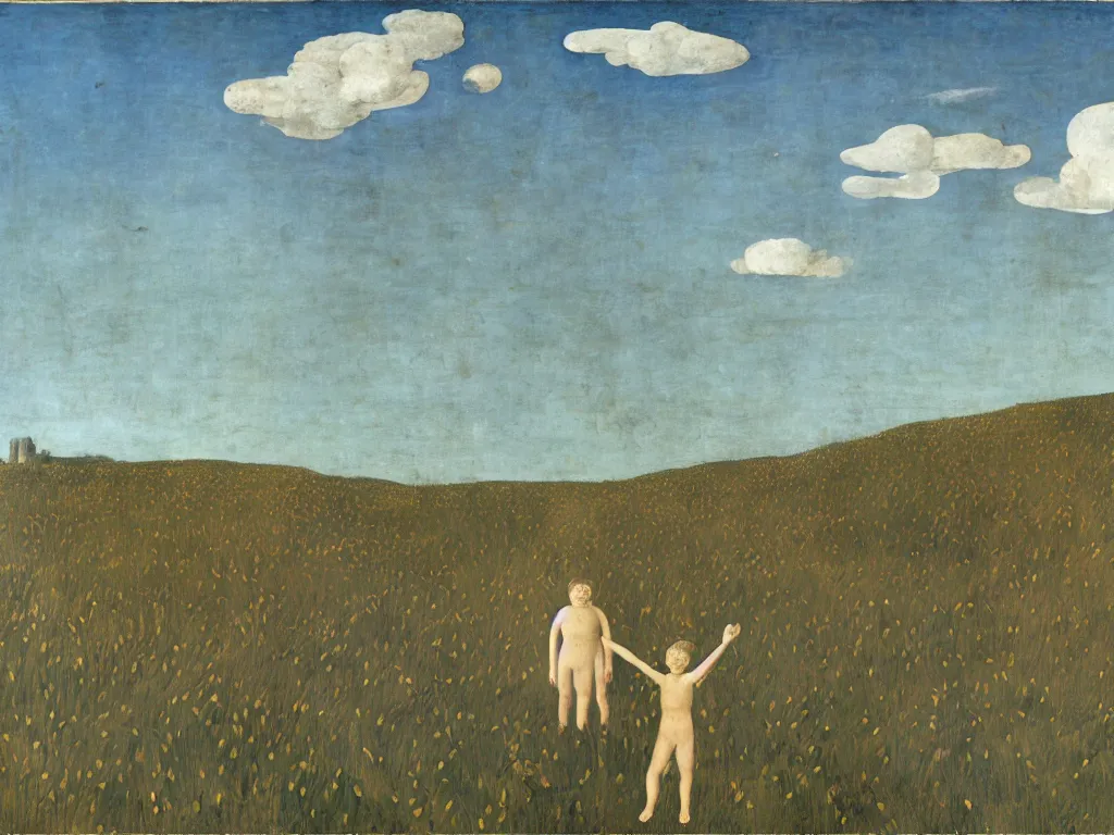 Prompt: Small child with a giant serpent in the dried sunflower field, forest, river, giant Brancusi sculpted rocks. Afternoon, cumulus clouds, wind. Painting by Piero della Francesca, Alex Colville