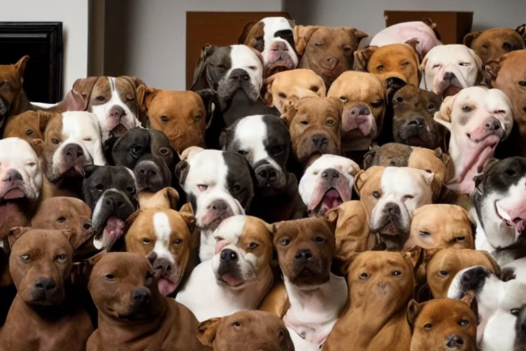 Image similar to a living room full of pit bulls that are facing directly into the camera