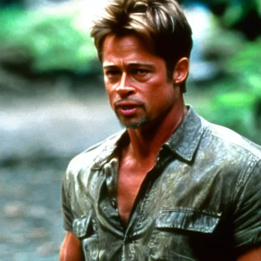 Prompt: brad pitt in jurassic park 1 9 9 1, movie still, t - rex