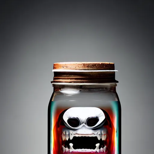 Image similar to Evil monster in a jar, product photography, centered, studio lightning