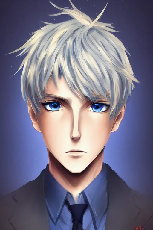 Anime boy with intricate white hair and blue eyes Stock