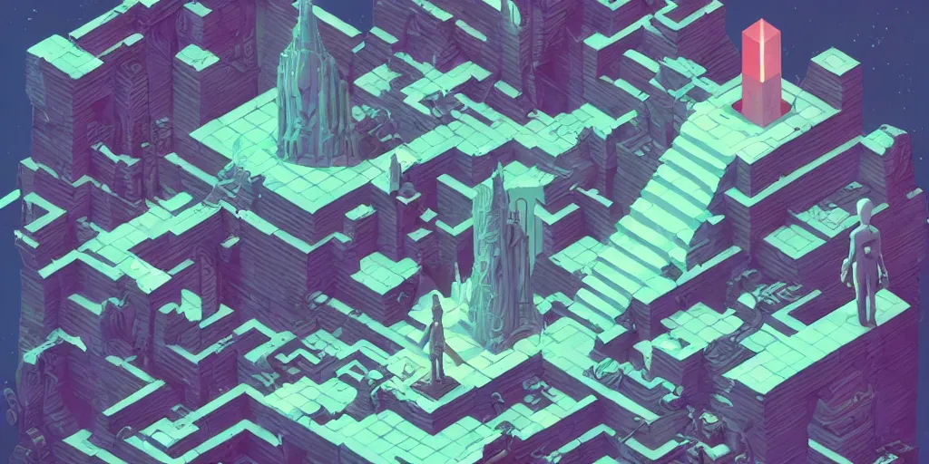 Image similar to isometric portrait of advanced alien, his last moment, mystical, technology meets fantasy, map, infographic, concept art, art station, style of monument valley, giger, wes anderson