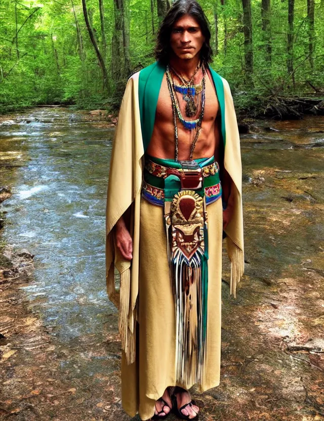 Prompt: full body shot longshot modern intricate textile ancient roman toga cloak lean native american chiseled chin walking along the small creek in the woods versace gucci blue green brown gold