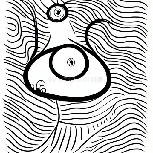 Image similar to book illustration of happy worm character, book illustration, monochromatic, white background, black and white image