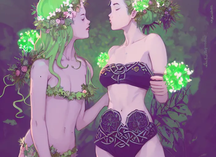 Image similar to two cute fairy girls with crown of flowers in plants bikini covered with celtic rune tattoos kissing, fantasy, by atey ghailan, by greg rutkowski, by greg tocchini, by james gilleard, by joe gb fenton, by in kaethe butcher, dynamic lighting, gradient light green, brown, blonde cream and white color in scheme, grunge aesthetic