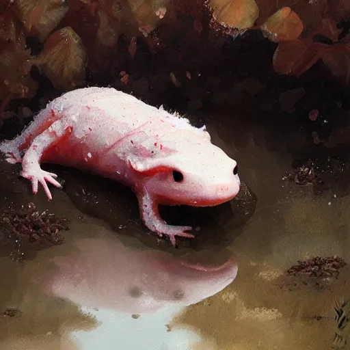 Prompt: Cute marshmallow axolotl crawling from a cacao swamp, oil painting, by Greg Rutkowski