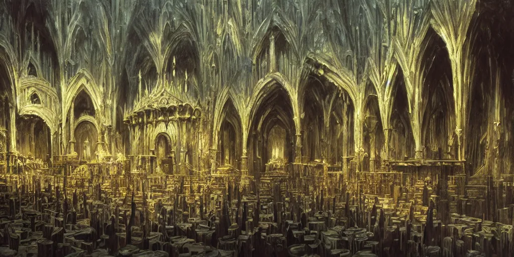 Image similar to Artwork by John Howe of the cinematic view of the Sanctuary of the Executioner.