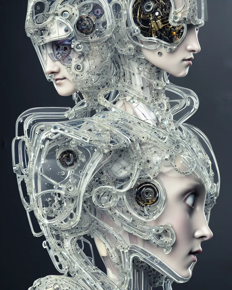 Image similar to beautiful cybernetic baroque robot, beautiful baroque porcelain face + body is clear plastic, inside organic robotic tubes and parts, symmetric, front facing, wearing translucent baroque rain - jacket + symmetrical composition + intricate details, hyperrealism, wet, reflections + by alfonse mucha and moebius, no blur dof bokeh