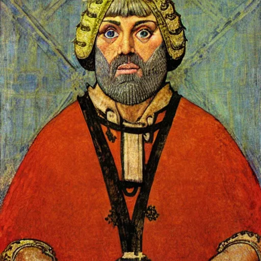 Prompt: portrait of Greg Davies as a medieval Byzantine emperor, by Angus McBride, Gentile Bellini, Piero della Francesca, and Arthur Rackham. HD face portrait.