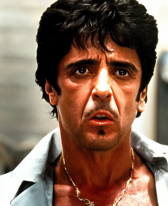 Prompt: extreme long shot. tony montana from movie scarface 1 9 8 3. al pacino, perfect symmetric face, coherent eyes, fine details, 4 k, ron cobb. cinestill