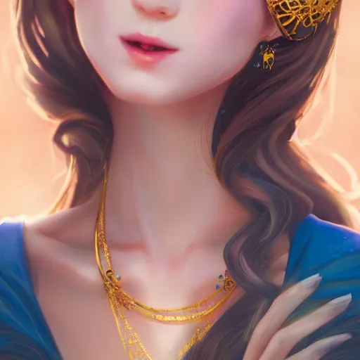 Prompt: a photographic portrait of an fantasy 30 years old princess with a deep blue sapphire and gold diadem, warmer colours, more tan face, light brown hair, cinematic light, by Zhang Jigna, canon 50mm, artstation