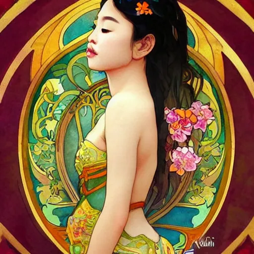 Prompt: Watercolor painting style, beautiful Thai girl by kittichai rueangchaichan, floralpunk, Artstation, art nouveau aesthetic, Alphonse Mucha background, intricate details, photo realistic, dramatic