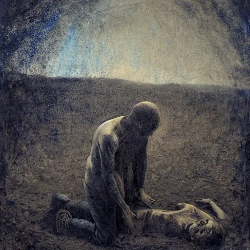 Image similar to one man in a cemetery digging up a dead body, by nicola samori, painting, 8 k, high detail, medium blue, orange, and dark green tones, high quality, sad feeling, high detail, dark colors, sinister atmosphere, dramatic lighting, cinematic, establishing shot, extremely high detail, photo realistic, cinematic lighting