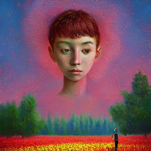 Image similar to girl with singular flower as a face, flower field, big trees, sunrise dramatic light, impressionist painting, colorful clouds, digital painting, pointillism, artstation, simon stalenhag