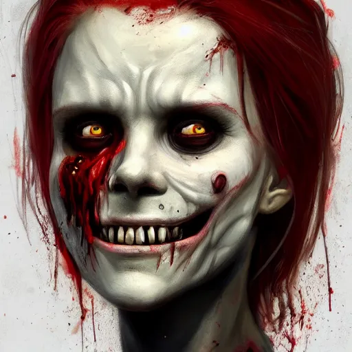 Prompt: color head portrait of katarina radivojevic grinning as a zombie, 7 days to die zombie, gritty background, fine art, award winning, intricate, elegant, sharp focus, cinematic lighting, digital painting, 8 k concept art, art by michael hussar, art by brom, art by guweiz and z. w. gu, 8 k