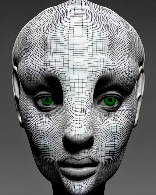 Image similar to a black and white 3D render of a young beautiful female queen-dragon-cyborg bust with a very long neck and Mandelbrot fractal face, Mandelbrot fractal skin, flesh, anatomical, facial muscles, veins, arteries, elegant, highly detailed, flesh highly baroque ornate, hair are cable wires, elegant, high fashion, rim light, octane render, in the style of H.R. Giger, Realistic, Refined, Digital Art, Highly Detailed, Cinematic Lighting, rim light, black and white, photo-realistic, 8K