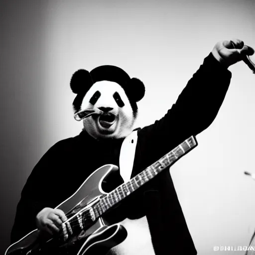 Image similar to concert photography of a panda bear singer, black and white, flashpoint flash, leica s, bruce gilden