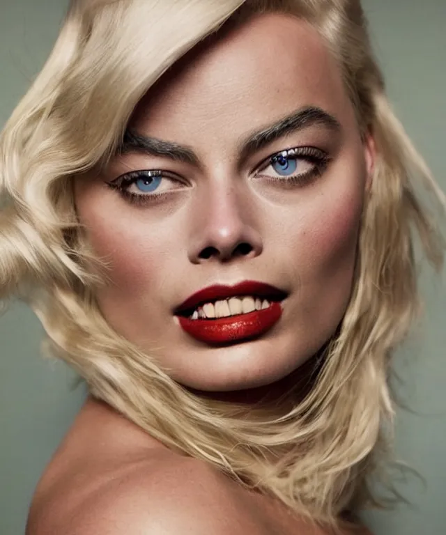 Image similar to a color photograph of margot robbie, by thomas ruff, platinum blond, intense, bold, exaggerated, ultra sharp, extra details, ultra high quality, trending on pinteresst