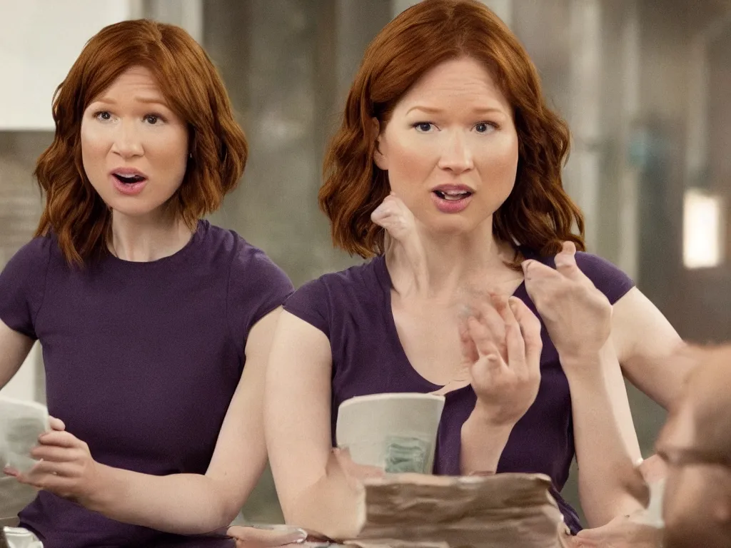 Prompt: realistic tabloid photo of Ellie Kemper trying to explain she's not Nebula
