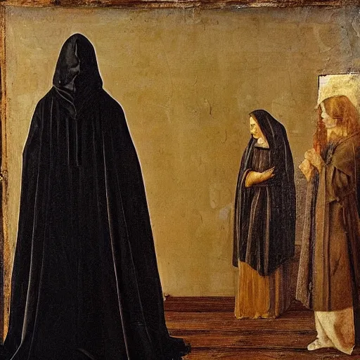 Image similar to woman in black cloak turns away from small bird, renaissance painting