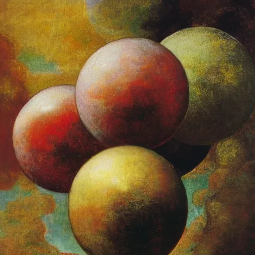 Prompt: chrome spheres on a red cube by george frederic watts