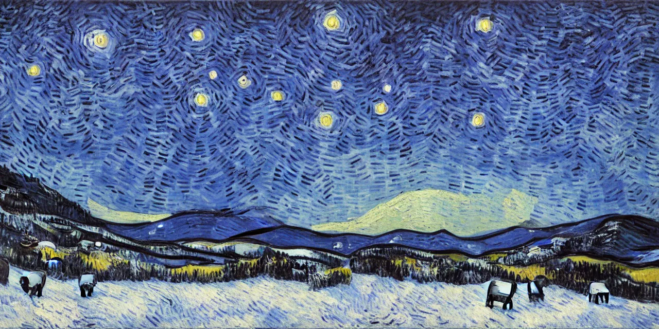 Image similar to thick impasto textured monochrome oil painting of the laurentian appalachian mountains in winter by vincent van gogh, unique, original and creative landscape, snowy night, distant town lights, aurora borealis, deers and ravens, footsteps in the snow, brilliant composition